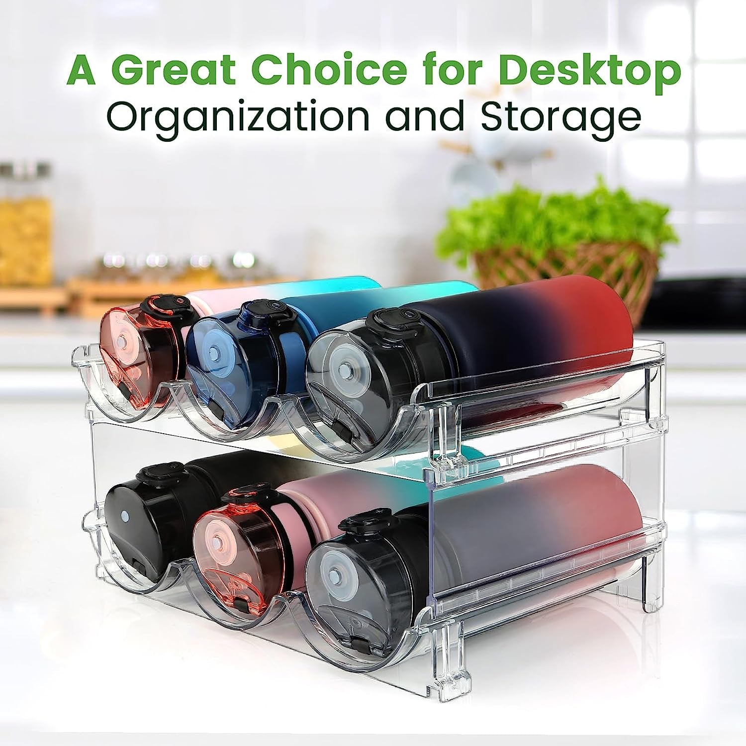 Water Bottle Storage Organizer - Set of 2 Stackable Racks for Cabinet Use