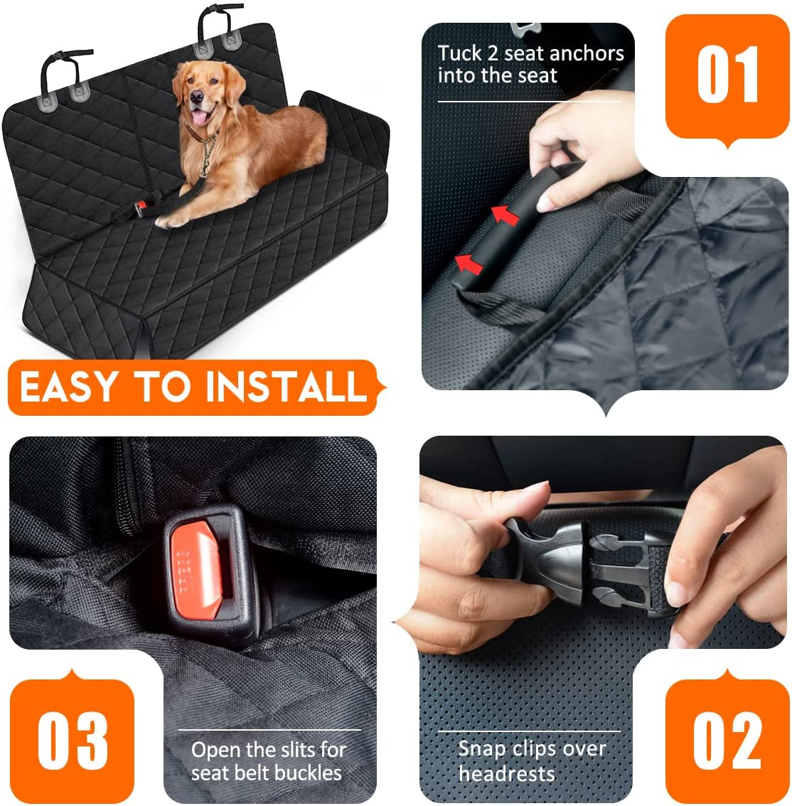 Premium Waterproof Dog Car Seat Cover - Non-Slip Back Seat Protector for Dogs, Compatible with Most Cars, Trucks, and SUVs - Black